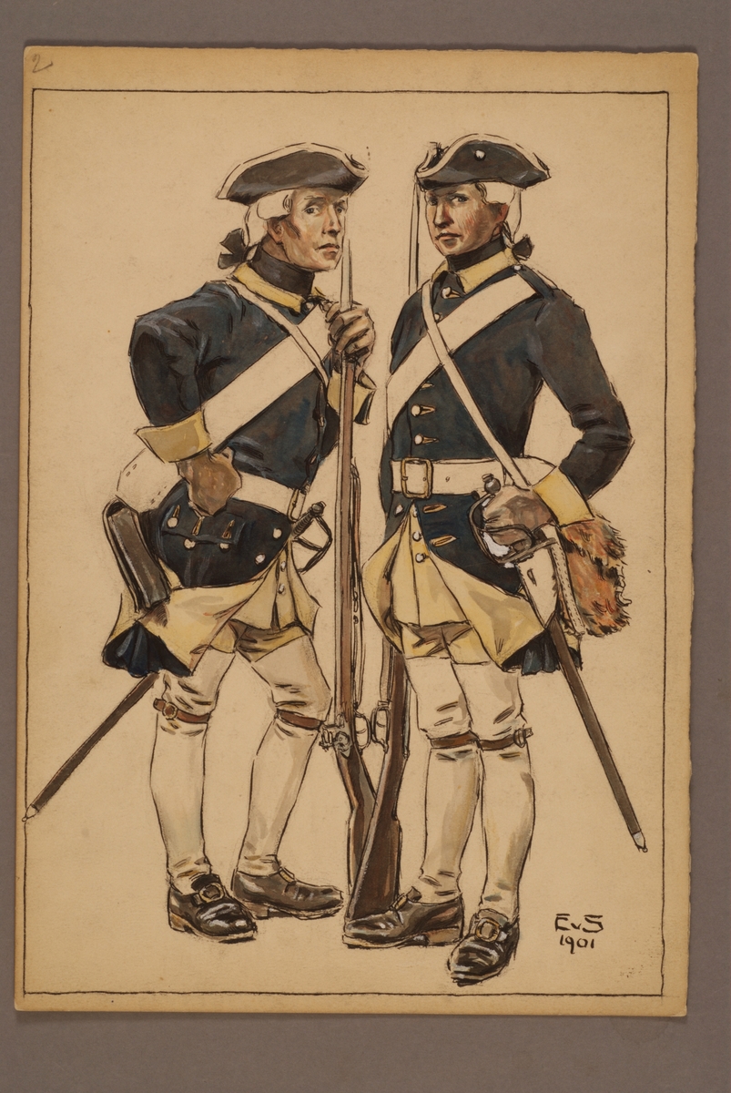 Plansch med uniform för grenadjärer vid Indelta linjeinfanteriet 1756, ritad av Einar von Strokirch.