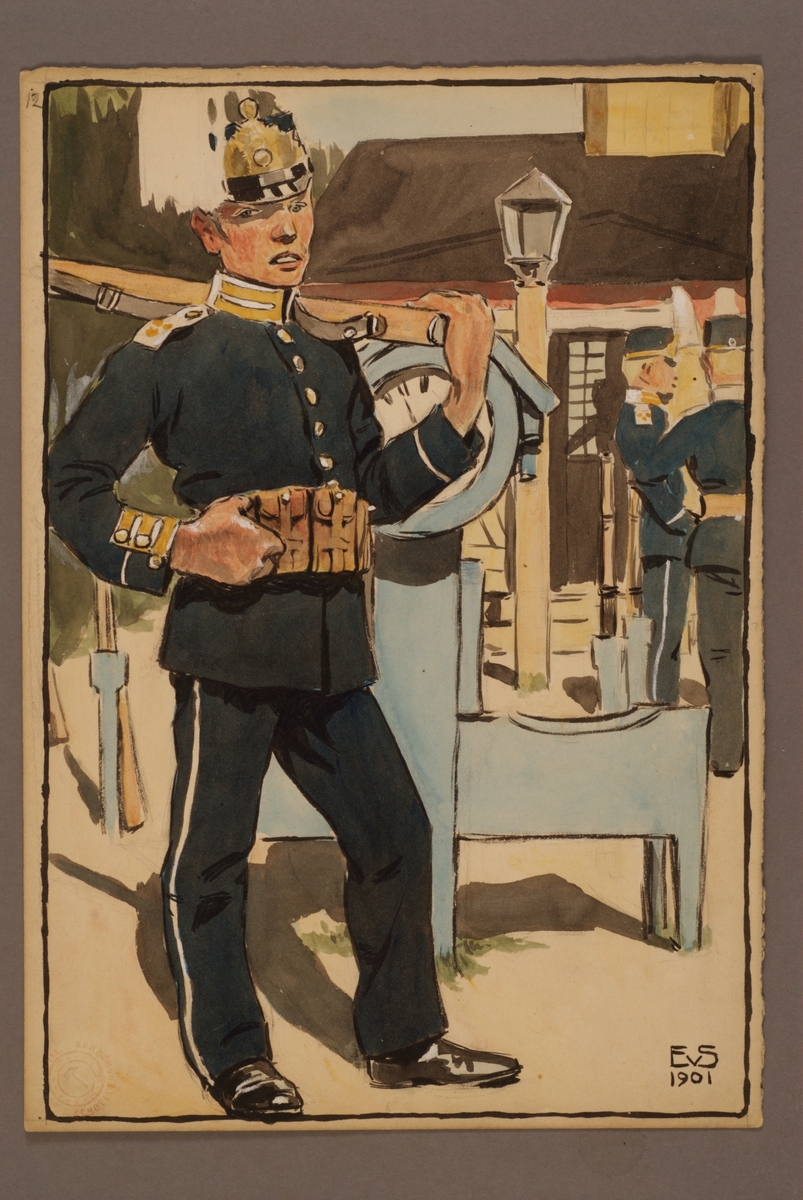 Plansch med uniform för Livregementet till fot, ritad av Einar von Strokirch.