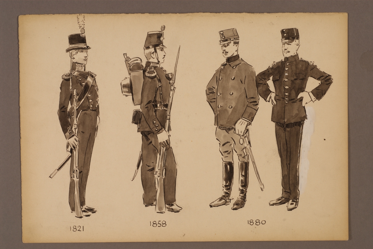 Plansch med uniform för Kadettkåren och elever vid Krigsskolan för åren 1821-1880, ritad av Einar von Strokirch.