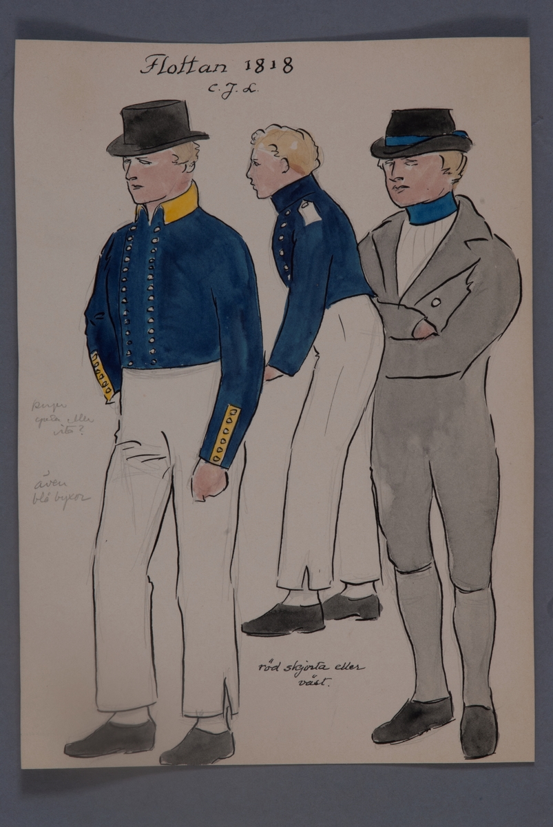 Uniformsteckning i original av Einar von Strokirch, med flottans mundering 1818.