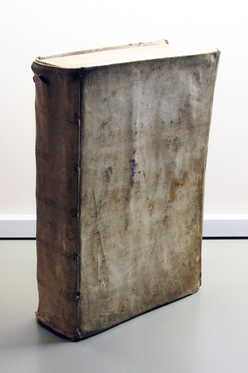 Bok inbunden i pergament. "Basilie Fabri Sorani: Thesaurus eruditionis Scholasticae". Uppslagsverk på latin från år 1696.