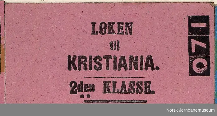 Billett Løken-Christiania, 2den klasse, ubrukt.
Eidsvoll-Hamarbanen åpnet 1880, Løken skiftet navn til Aadalsbruk 1881