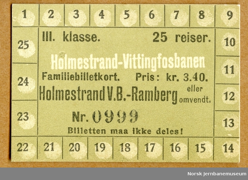 Billettkort Holmestrand V.B-Ramberg, familiebillettkort, 25 reiser, 3. kl.