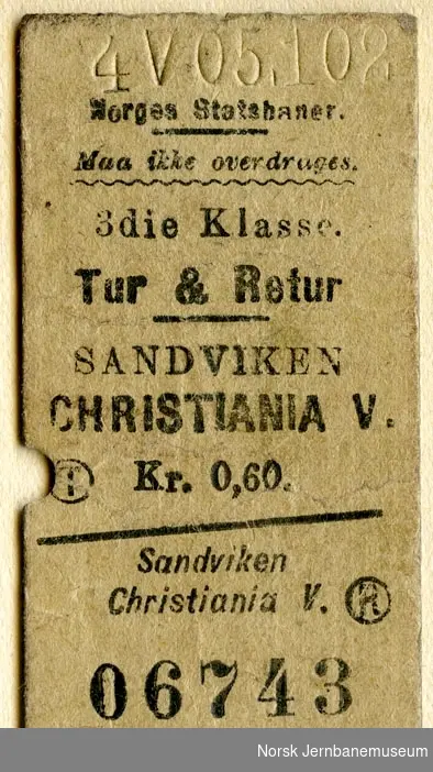 Tur/returbillett Sandvika-Christiania V, 3. klasse, brukt