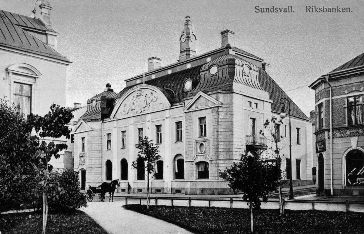 Riksbanken. Text på vykort "Sundsvall. Riksbanken."