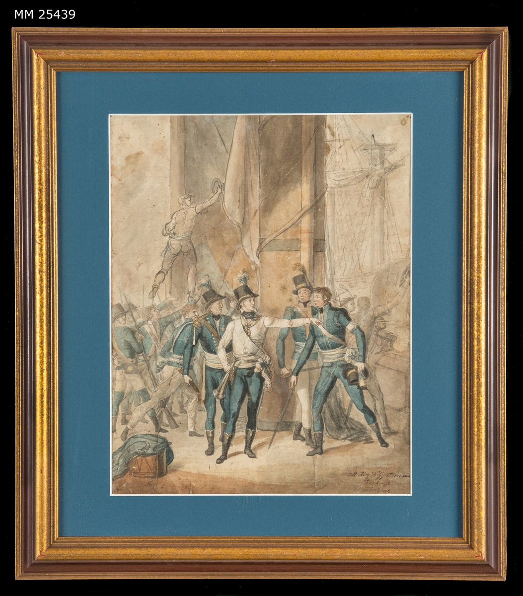 Akvarell som visar hertig Karl (sedermera Karl XIII) på ett fartygsdäck under slaget vid Hogland år 1788. Hertigen är klädd i vit uniformsjacka med blå byxor och hatt med plym, han pekar med högerhanden och håller en ropare i vänsterhanden. Runt honom står tre officerare med blå uniformer och bakom dem syns en av fartygets master. I bakgrunden syns svenska soldater och sjömän med bajonettförsedda musköter. I förgrunden ligger en trumma på däck.

Målningen är inramad i en guldmålad profilerad ram och försedd med blå passepartout.
