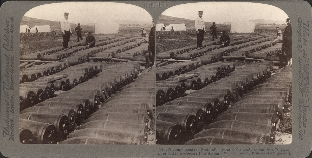 Stereobild av uppradade bomber, redo att skjutas in i ryska skepp, Port Arthur.