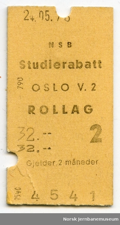 Billett Oslo V-Rollag, 2. klasse, studierabatt, maskinbillett