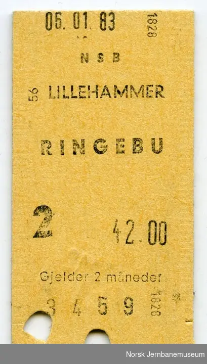 Billett Lilleahmmer-Ringebu, 2. kl., maskinbillett