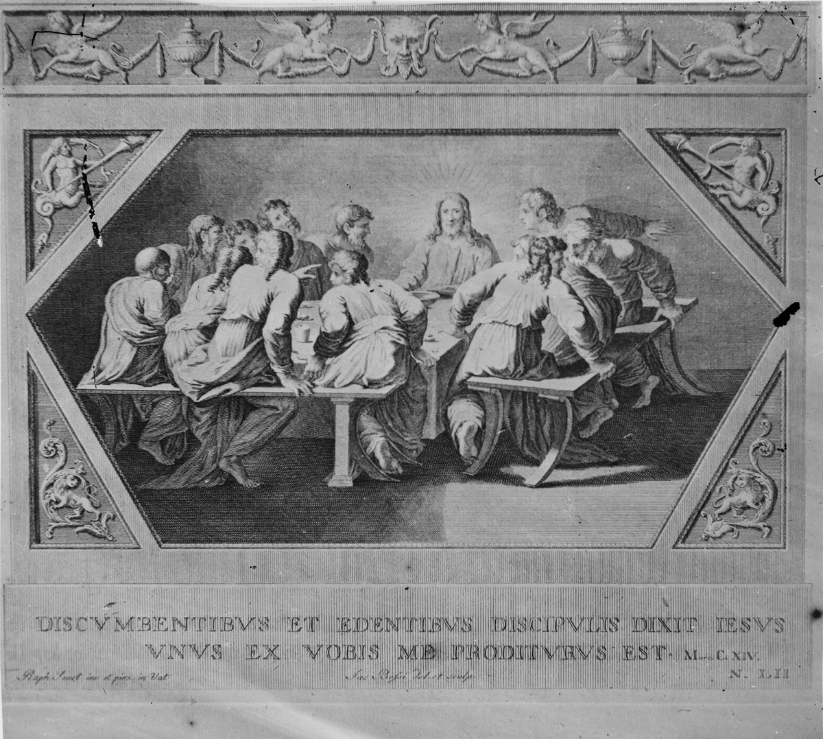 Skioptikonbild. Tryck på latin. Bilden föreställer Jesus och hans lärjungar.