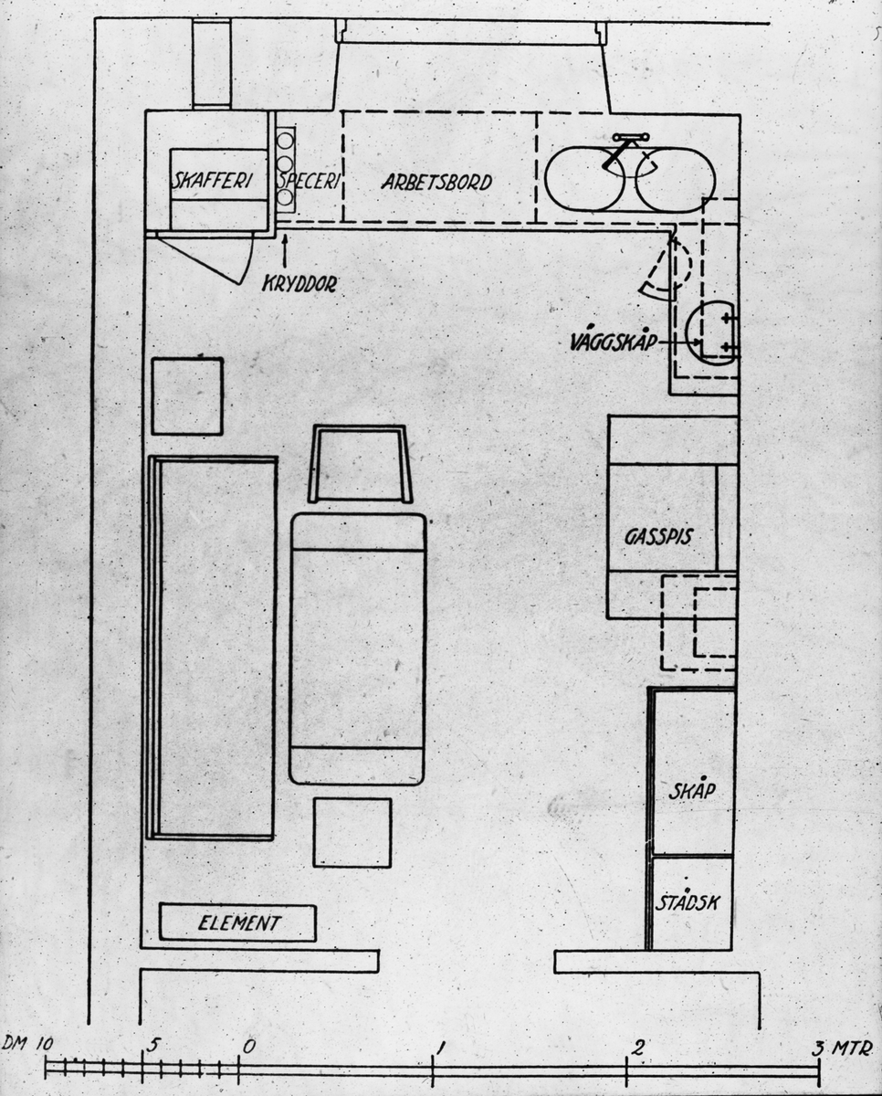 Bild från Ingenjör P. Wretblads material för Bygge och Bo-utställningar.
Planritning över lägenhet, 1 rum och kök.