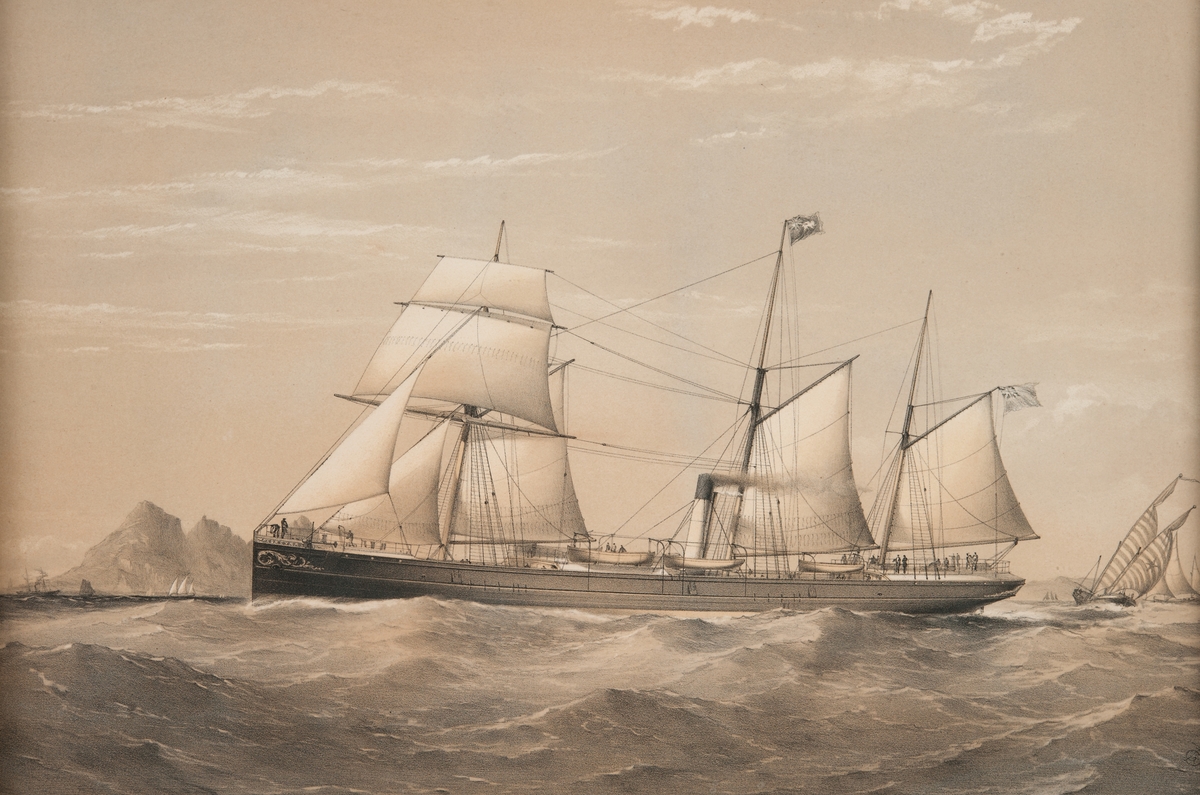 Ångfartyget CORCYRA utrustat med skonertskeppsrigg, brittisk flagg under mesangaffeln.