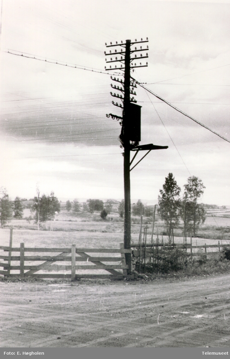 Telefonstolpe med linjekryss, stolpestol og fordelerkasse, ved Herredsvang i Romedal.