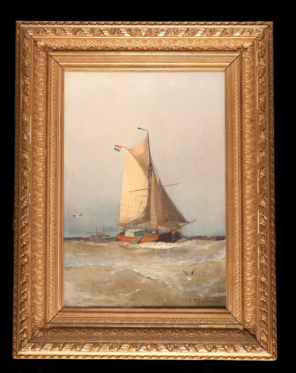 Tjalk seglande i hårt väder, sedd mot styrbords bog. Holländsk flagg. Akter om fartyget en ångbåt.
Christian Fredrik Swensson (1838-1909).