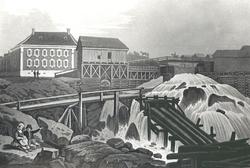 Jernverket i Moss. 
Fargelagt stikk av John William Edy som