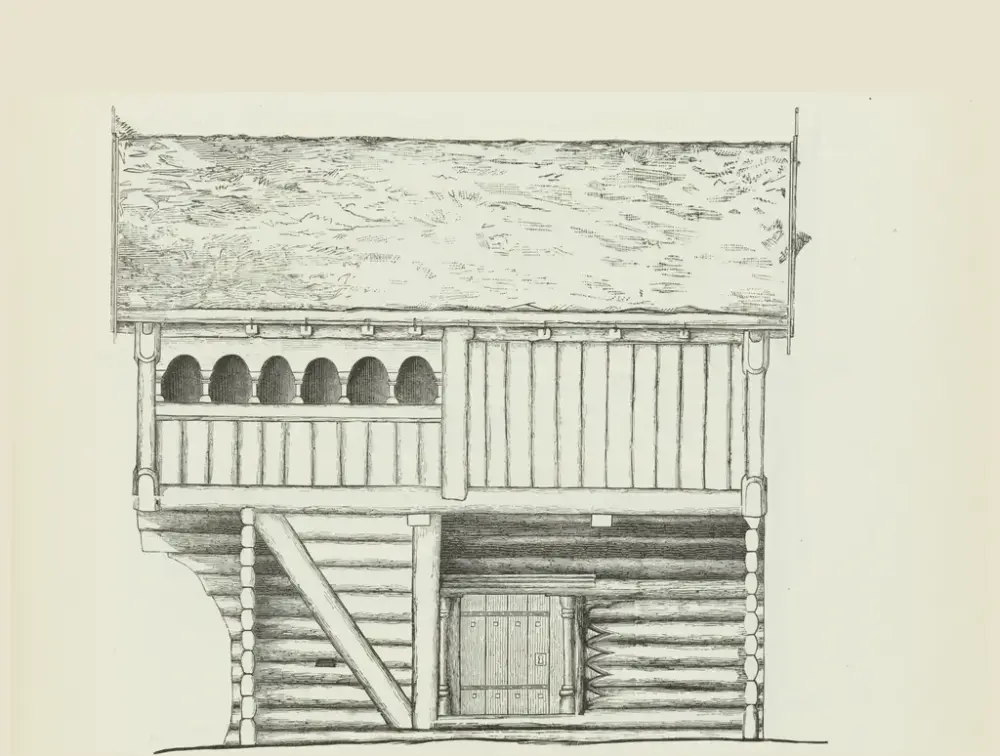 Xylografi av loft fra Rolstad i «Bygninger fra Norges middelalder hvilke Hans Maj. Kong Oscar Den Anden har ladet flytte til Bygdø Kongsgaard»