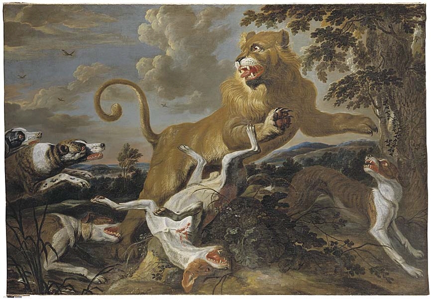 I målningens mittparti ett lejon, som reser sig på bakbenen. Det anfalles av tre hundar, varav en hugger i lejonets ena bakben, en fjärde hund har just kastats omkull och en femte står framför lejonet och vänder sig mot detta. Till höger i bakgrunden lövträd, till vänster öppet landskap med träddungar, höjder och blånande berg. Blå till skär molnig himmel.