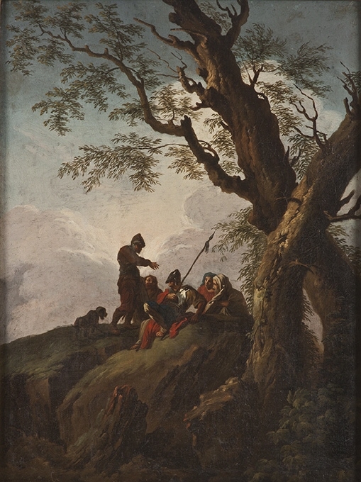 På en klippa intill stora knotiga träd avteckna sig några soldater, varav två i hjälmar, och kvinnor samt en hund mot den delvis mycket ljusa, delvis molntäckta himmelen.