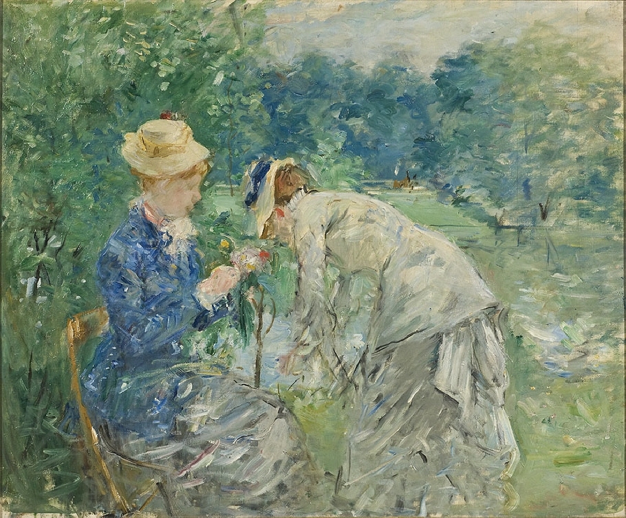 Berthe Morisot hade sedan impressionistgruppens första utställning 1874 tillhört gruppens kärnkrets. Hon deltog vid flera tillfällen aktivt i arrangerandet av utställningarna. Hennes måleri uppfattades av flera kritiker som själva essensen av impressionismen.        På impressionisternas utställning 1880 ställde hon ut tolv verk. En av de utställda målningarna var "I Boulognerskogen", som visades under titeln "Au jardin". Utställningen fick som helhet tämligen negativ kritik, vilket har betraktats som ett tecken på den kris impressionismen gått in i mot slutet av 1870-talet. Morisot var en av de konstnärer som fick störst uppmärksamhet i recensionerna. Kritikerna lyfte fram hennes djärva och skissartade målningssätt. Några av dem jämförde också hennes måleri med den franske 1700-talsmålaren Honoré Fragonards skissartade och flödiga teknik. Flera av kritikerna uppfattade Morisot som den enda egentliga impressionisten på utställningen. En orsak till detta var att flera av de ledande namnen inom gruppen - Monet, Renoir och Sisley - avstått från att delta i utställningen.         Morisots konst betraktades ofta som utpräglat feminin. Som konsthistorikern Tamar Garb har visat kom även impressionismen som stil med tiden att betraktas som feminin. Det impressionistiska målningssättet - det skissartade, betoningen av färg snarare än form, betoningen av det flyktiga och tillfälliga - uppfattades som kvinnligt. Att Morisot målade så utpräglat impressionistiskt ansågs därför ofta som passande. Hennes teknik var helt enkelt lämplig för en kvinna. Kvinnor vars målningar uppvisade andra egenskaper - egenskaper som kunde kallas manliga - fick inte sällan kritik för att de arbetade på ett sätt som stred mot deras kvinnliga natur. De kunde också beskyllas för att endast försöka efterlikna sina manliga förebilder och lärare.