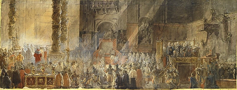 Gustaf III bevistar julmässan i Peterskyrkan i Rom 1783 Skiss till NM 802