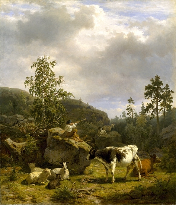 Skogslandskap med herdegosse och boskap