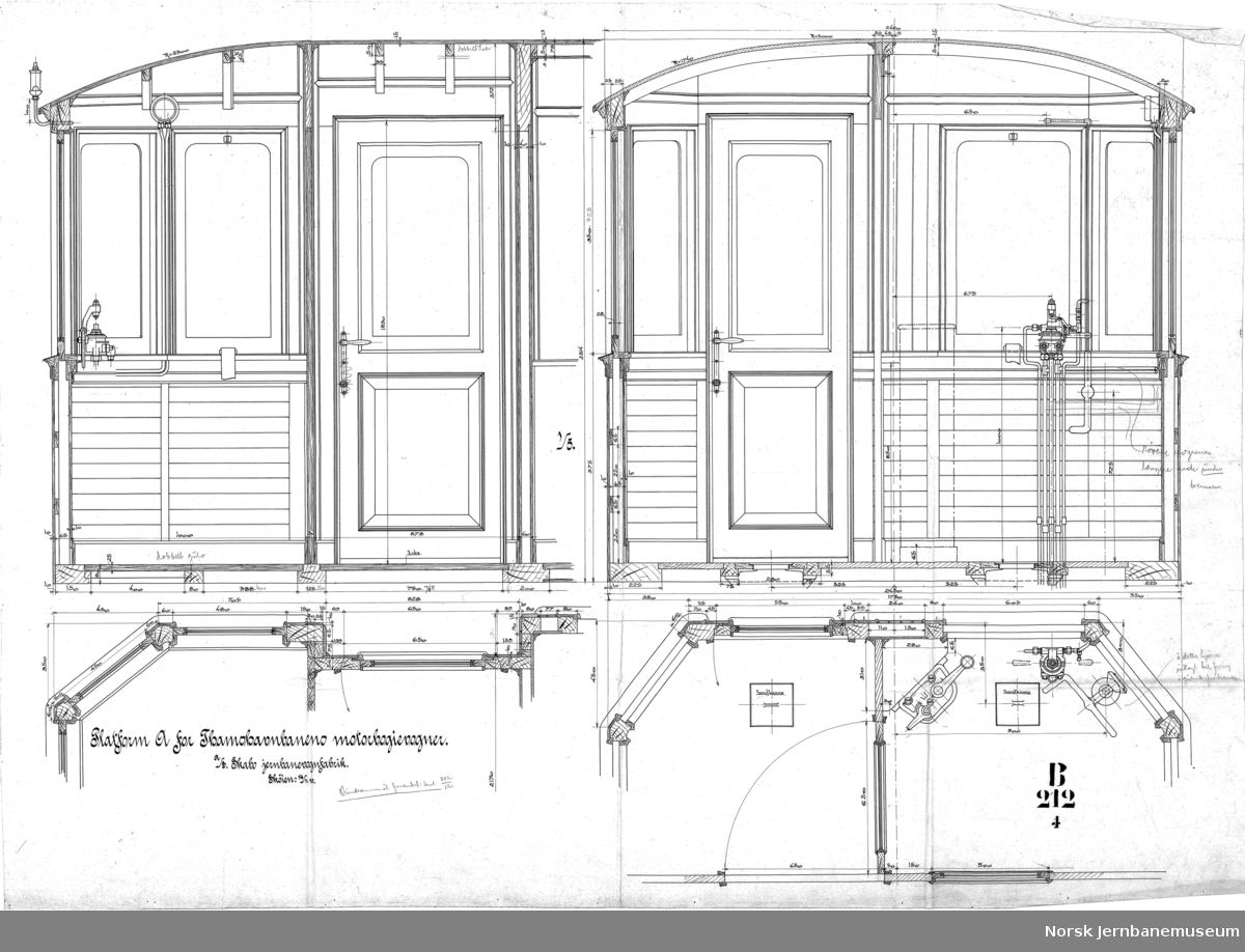 Tegning av motorbogievogn for Thamshavnbanen.
B212-1 hovedtegning
B212-2 understilling
B212-3 boggie
B212-4 endeplattform A
B212-5 endeplattform B
B212-12 bunnramme