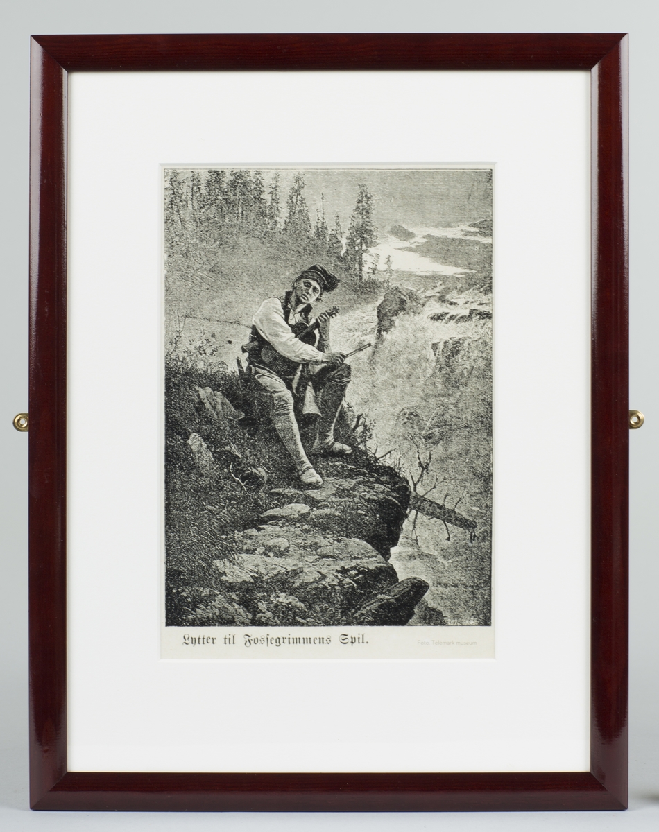 Mann i skjorte, hatt og knebukser, sittende på en klippe i et dramatisk landskap. Han holder ei fele og en bue.