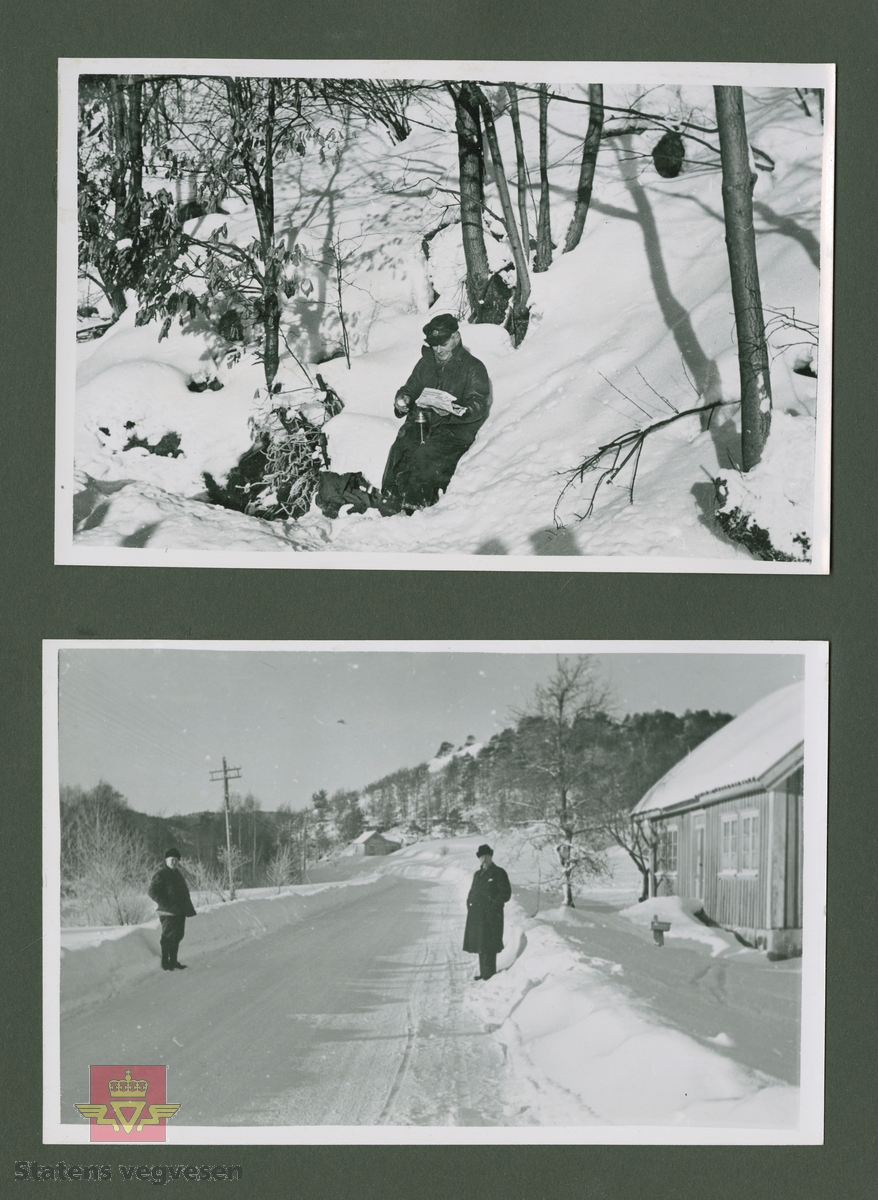 Befaring vinteren 1939. Kan være Einar Alfred Olafsen (usikker) til høyre på bildet som var vegsjef i Vest-Agder fylke i perioden 1938-1955.