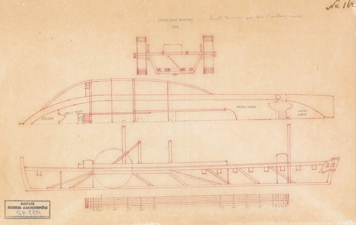 Konstruktionsritning över ångfartyg troligen för Raritanfloden 1808.
På ritningen är kajuta för herrar respektive damer utmärkt.