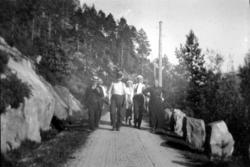 Fire menn og to kvinner gående på en vei. Fra Nordmøre museu