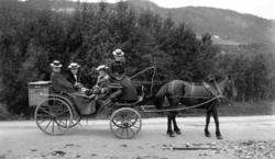 hest og karett med fire kvinner ombord. Hvem vi ser på bilde