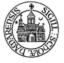 Tegning av middelaldersegl tilhørende Hamar katedralskole, med en stenkirke i midten og latinsk påskrift "sigill scholæ hamarensis" rundt kanten.