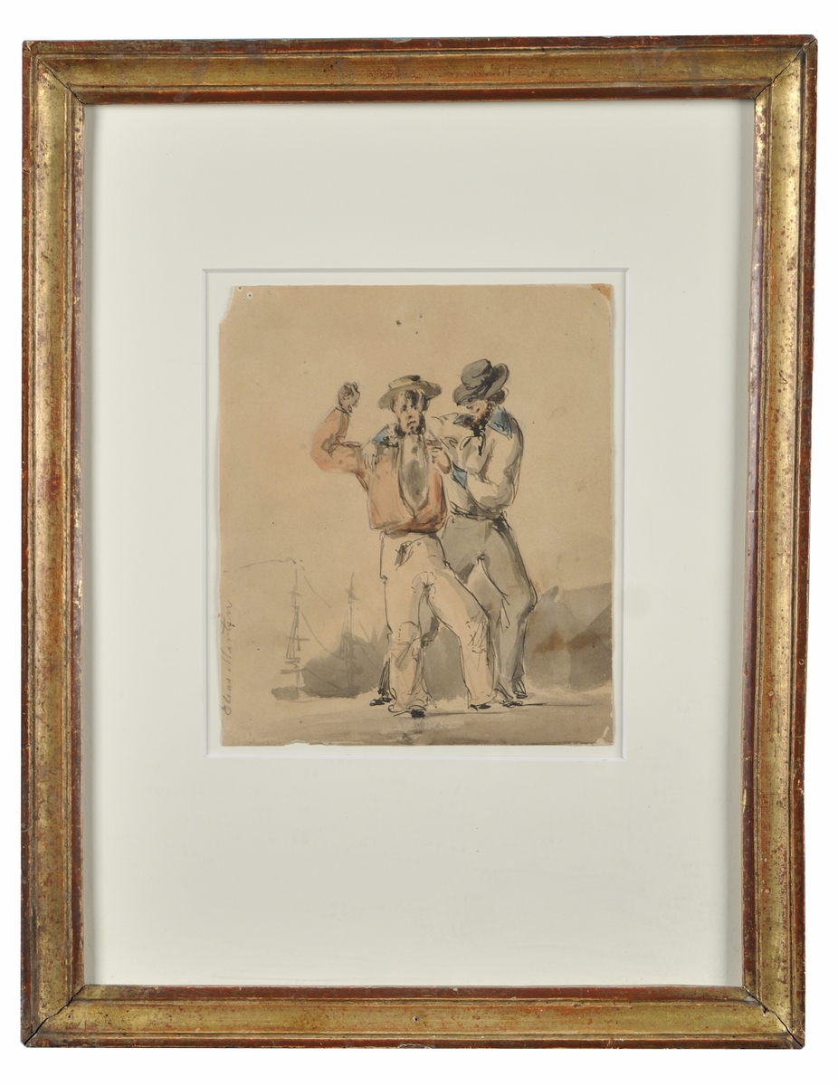 Akvarell, "Sjömän" av Elias Martin. Bilden visar två sjömän komma vandrande. Montering/Ram: Förgylld originalram