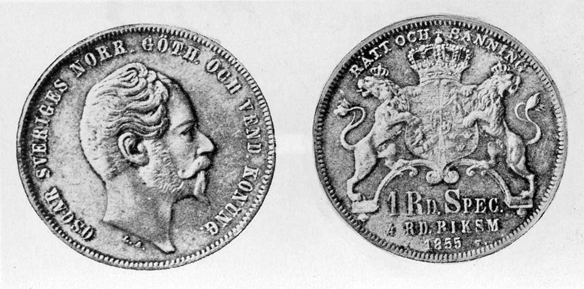 Mynt 1 riksdaler Specie Oskar I, 1855. Fram & baksida.