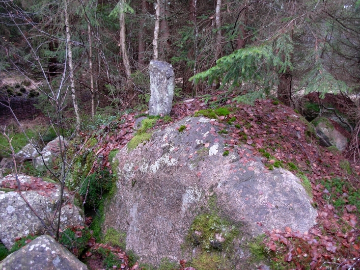 Gränsmärke
Foto av gränsmärke i form av ett jordfast block, på blocket är en sten uppställd.      
Raä 198 b, 2010-11-16