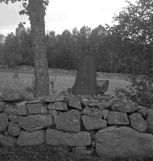 Foto av en milsten av järn, med röse, strax bakom en stenmur.
Text: "1/4 MIL."
2700 m N, 30 ° V om Tingsås kyrka, omedelbart V om stenmur. 1 m V om
vägen.
Vägen Växjö-Ronneby. 
Källa: Kronobergs läns väginventering 1943.