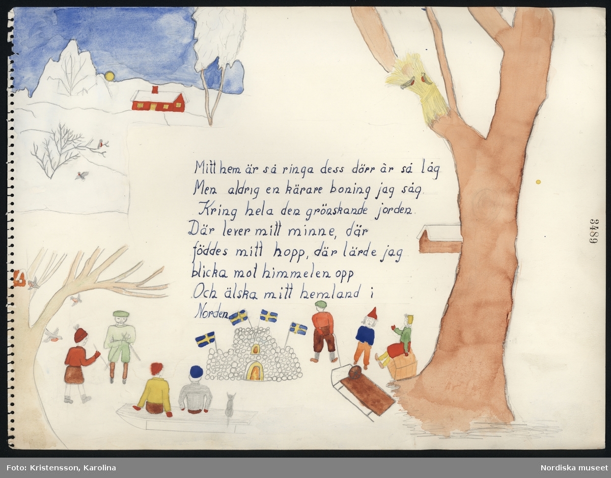 Kolorerad teckning föreställande lekande barn i snö. Påskriven dikt om hemmet och hemlandet. Ett grupparbete av eleverna i Ovanmo skola, Ångermanland.  Ingick i pristävlingen Mitt Hem 1942, som var ett samarbete mellan Skolradion och Nordiska museet.