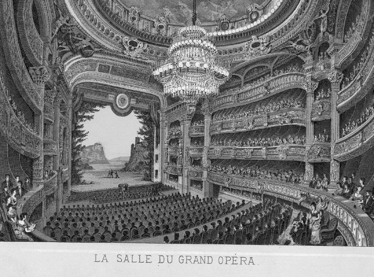 Interiör av operasalongen med scenen på Operan i Paris.