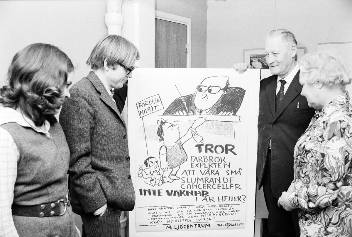 Studiecirkelledaren Inger Sundblom, föreläsaren Björn Gillberg, Edvin Hellberg och Edit Blom, miljödag i Tierp, Uppland februari 1973