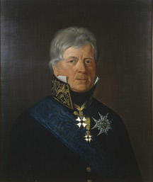 Portrett av Peter Motzfeldt.  Grått, kort hår. Statsrådsuniform (etter 1815), høy krave m/gull, blått ordensbånd, 3 ordener.
