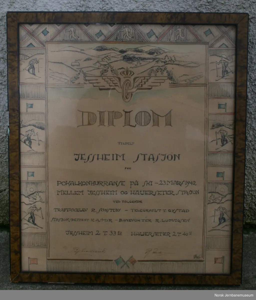Diplom tildelt Jessheim stasjon for pokalkonkurranse på ski  23.mars 1942 mellem Jessheim og Hauerseter stasjon.