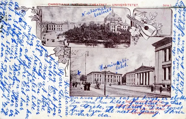 Postkort med motiv fra Christiania Theater og Universitetet 