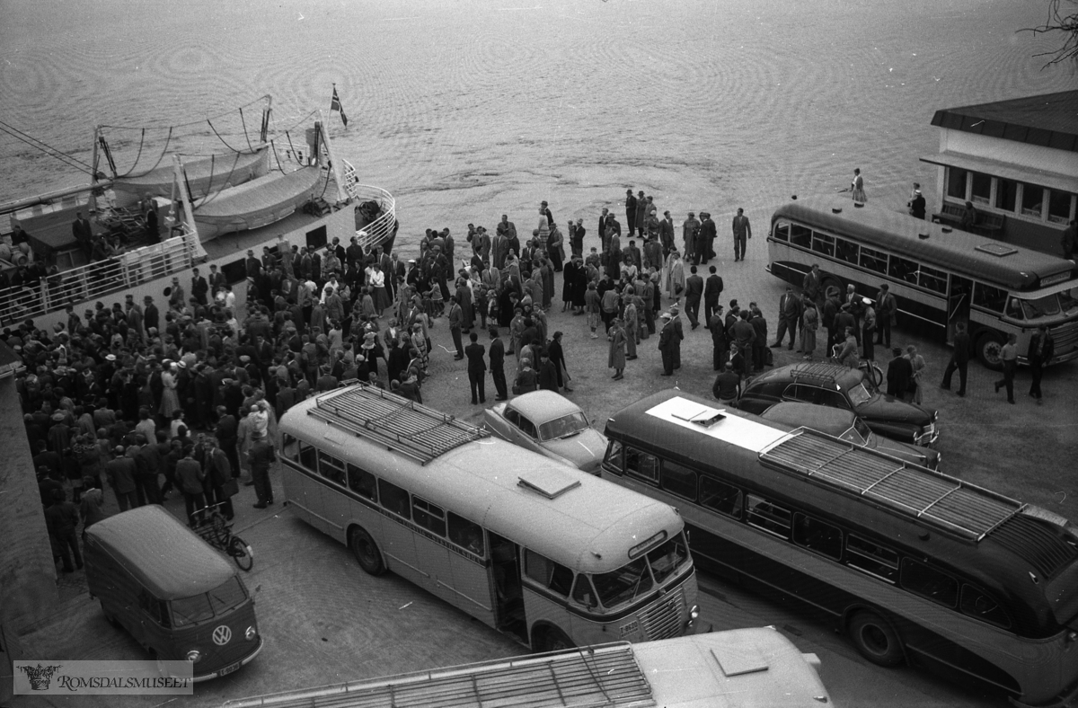 ("Hvem eier bilen 1959": T-9036, Volkswagen V. Solbakken Gartneri, Fuglset).T-8620 er en Volvo 1953-modell tilhørende Eidsvåg auto..På bildet ser vi ellers to busser fra Aarø Automobilselskap med selskapets fargesetting i mørk blå og gul. Bussen til høyre er T-8689, Scania-Vabis 1957-modell. Nærmest Eidsvåg-bussen ser vi antakelig T-8688, Scania-Vabis fra 1951.