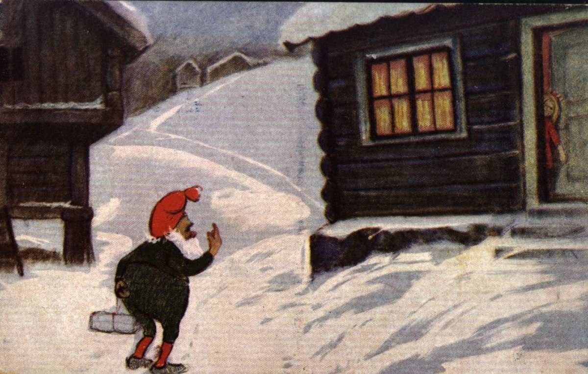 Julekort. Jule- og nyttårshilsen. Vintermotiv. Gårdstun. Julenisse med gave. Liten pike i døren. Poststemplet 23.12.1921.