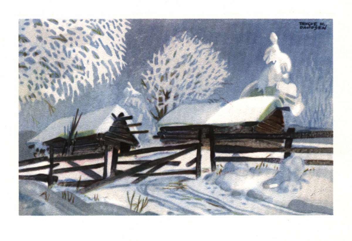 Postkort. Jule- og nyttårshilsen. Vintermotiv med to tømmerbygninger. Etter original av Trygve M. Davidsen.