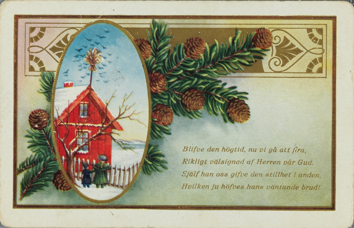 Julekort. Jule- og nyttårshilsen. To barn ved et rødmalt hus med ...