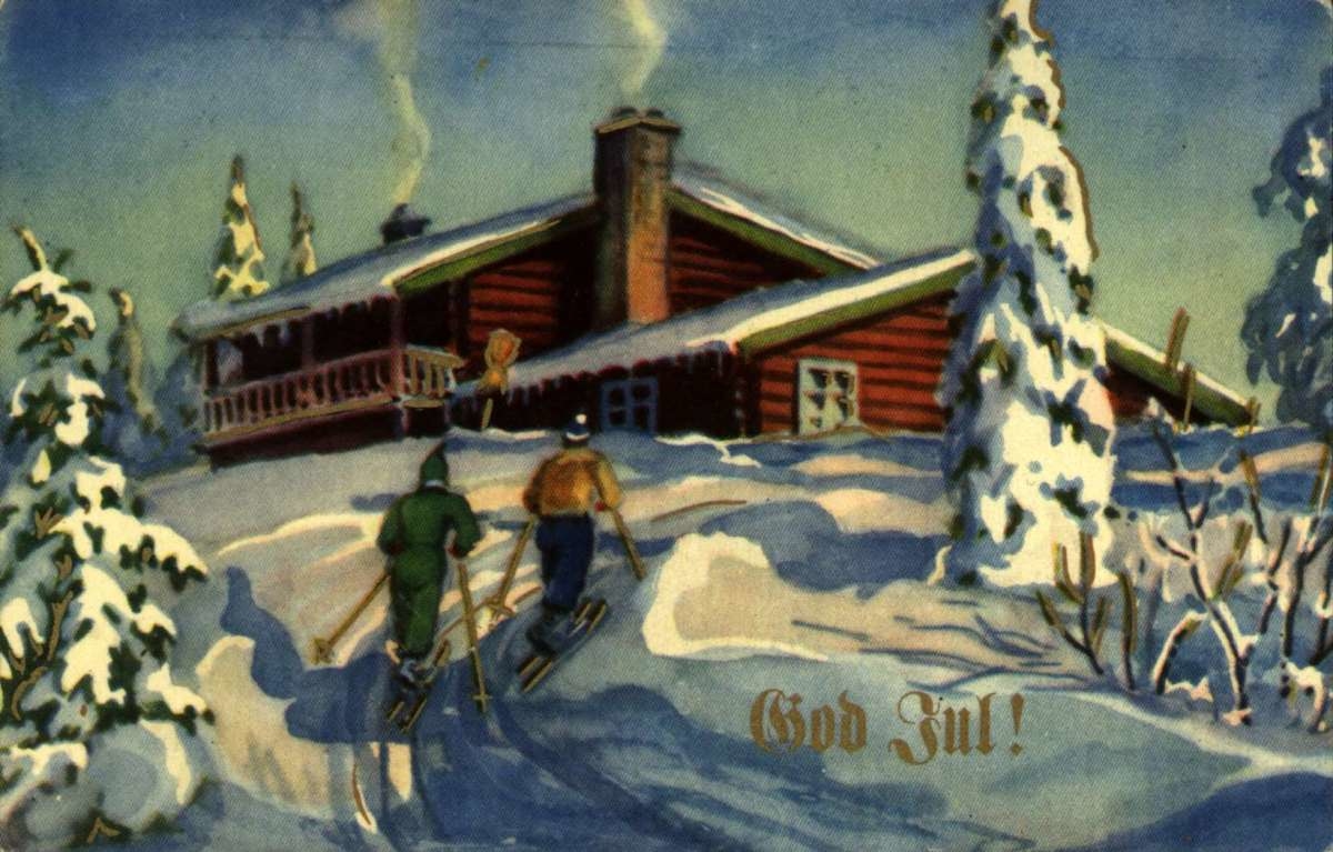 Julekort. Jule- og nyttårshilsen. Vintermotiv. Skiløpere på vei til hytte. Stemplet 22.12.1933.