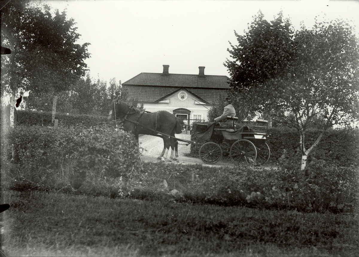 Huset i bakgrunden är gårdens huvudbyggnad från 1912. I förgrunden sitter en kusk på en landå.