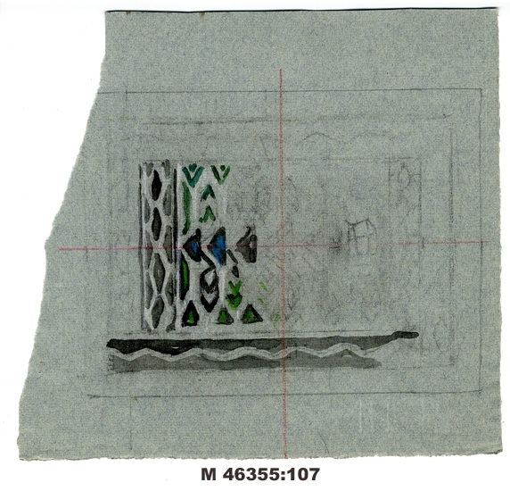Akvarell på gråblått papper.
Förslag till (flossa - ?) matta med geometriskt mönster i grönt, 
svart, grått och blått. 
Ej signerad. 

Inskrivet i huvudbok 1983.
Montering/Ram: Ej ramad