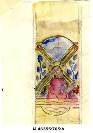 Blyertsteckning/akvarell på papper.
Förstoring (närbild) av mittparti på mässhake.
Den lidande Jesus som dignar under korset i rött, 
blått och guld.
Ej signerad.

Inskrivet i huvudbok 1983.